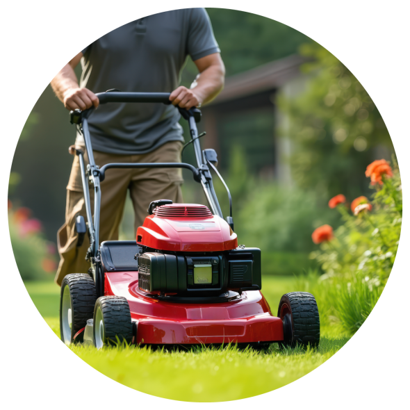 A man is using a lawn mower to trim the grass in a well-kept yard.