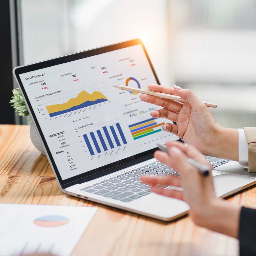 A laptop computer screen showcasing advanced accounting software with financial data and tools for bookkeeping, invoicing, and tax management.